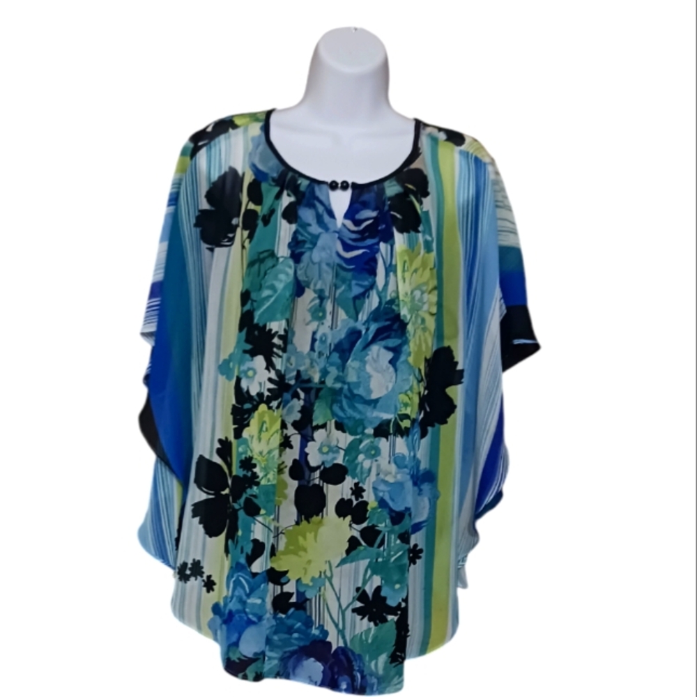 ROZ & ALI, sheer, pull-over blouse, blue, black stripe w/stretch camisol size 1X